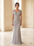 Fenna silver cap-sleeve beaded trumpet evening gown by Areen Row, front view