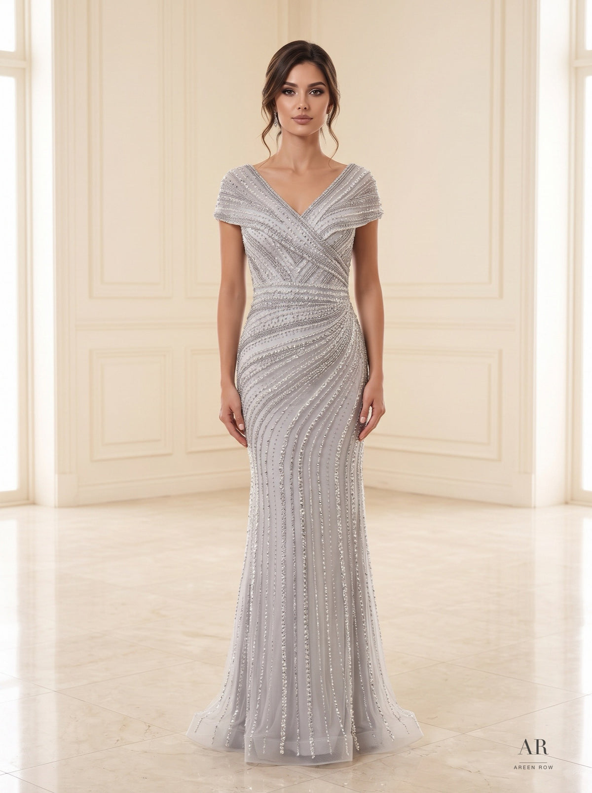 Fenna silver cap-sleeve beaded trumpet evening gown by Areen Row, detail view