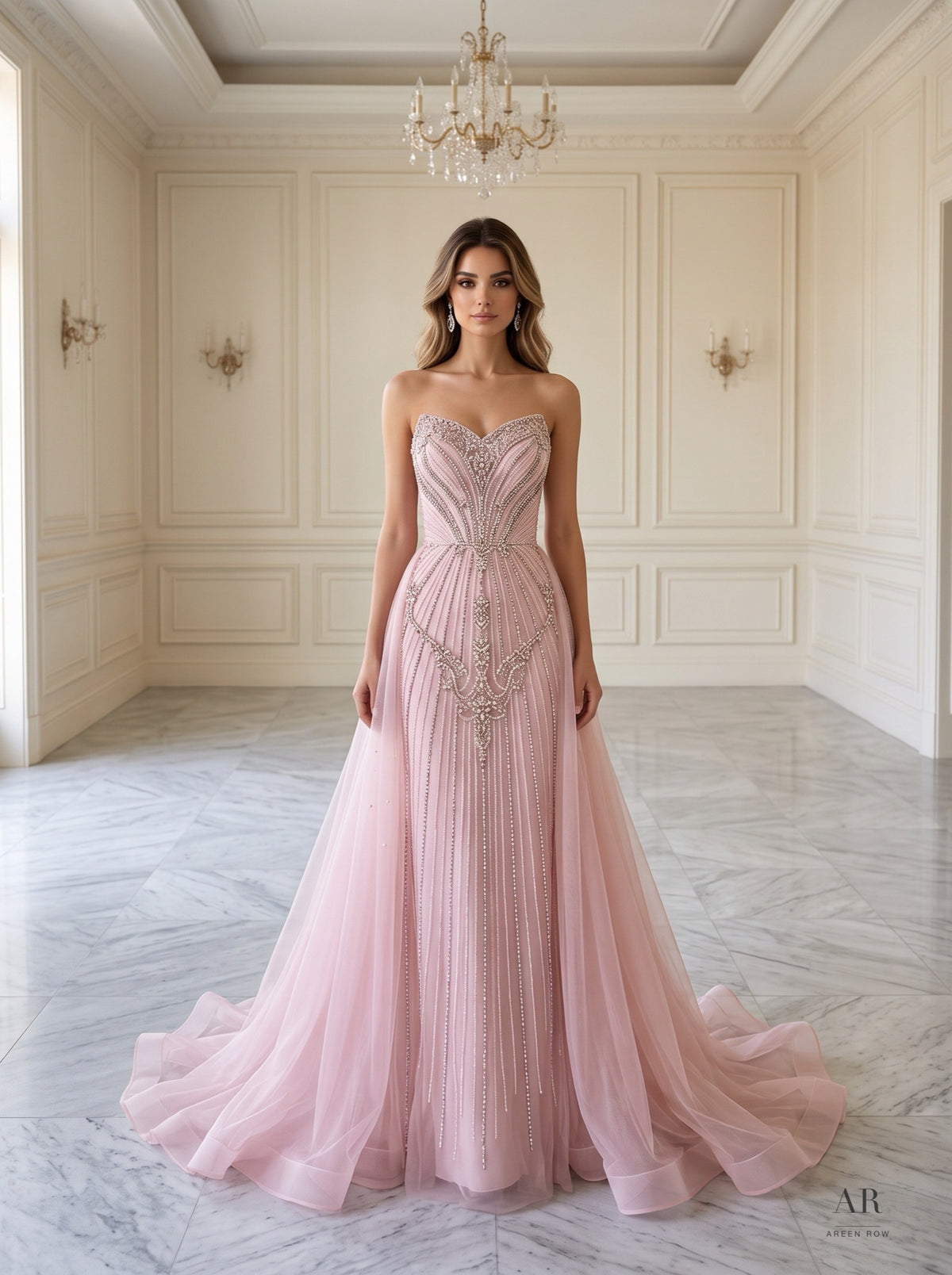 Fiora beaded sweetheart overlay a-line evening gown by Areen Row, front view