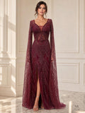 Flavia merlot merlot beaded illusion split column evening gown by Areen Row
