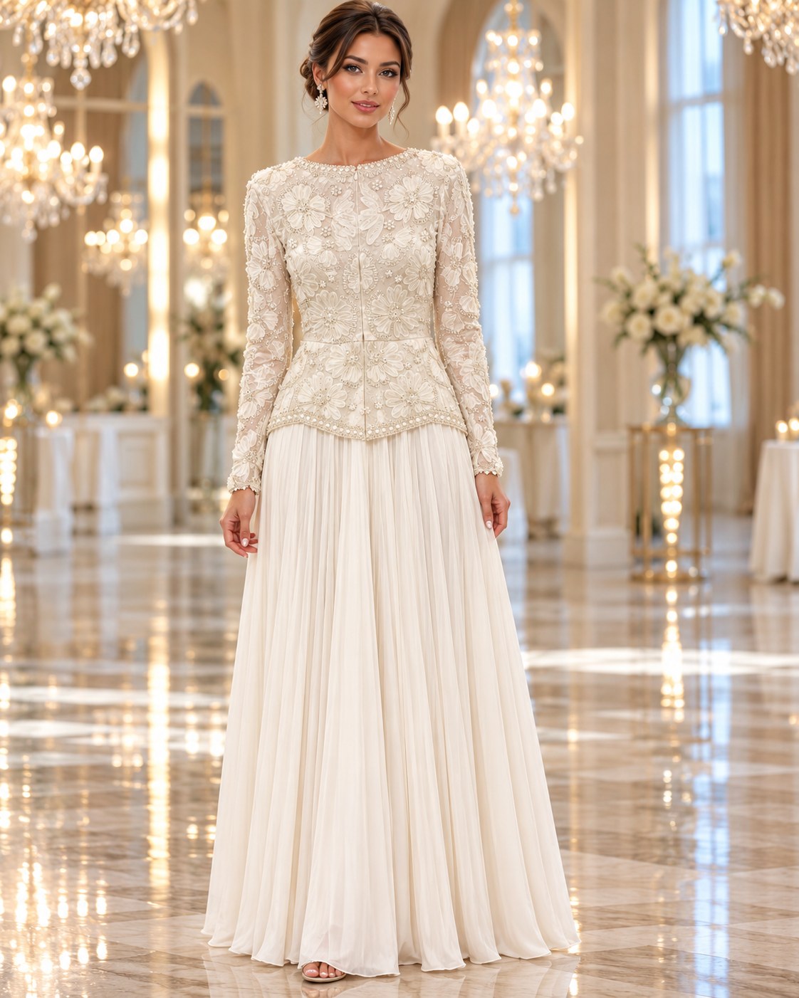 Fleur Set ivory floral beaded top & pleated skirt wedding dress by Areen Row, view 4
