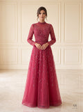 Fleurette fuchsia beaded high-neck leafy a-line evening gown by Areen Row