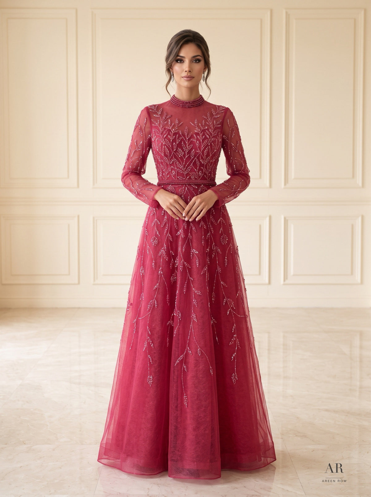 Fleurette fuchsia beaded high-neck leafy a-line evening gown by Areen Row
