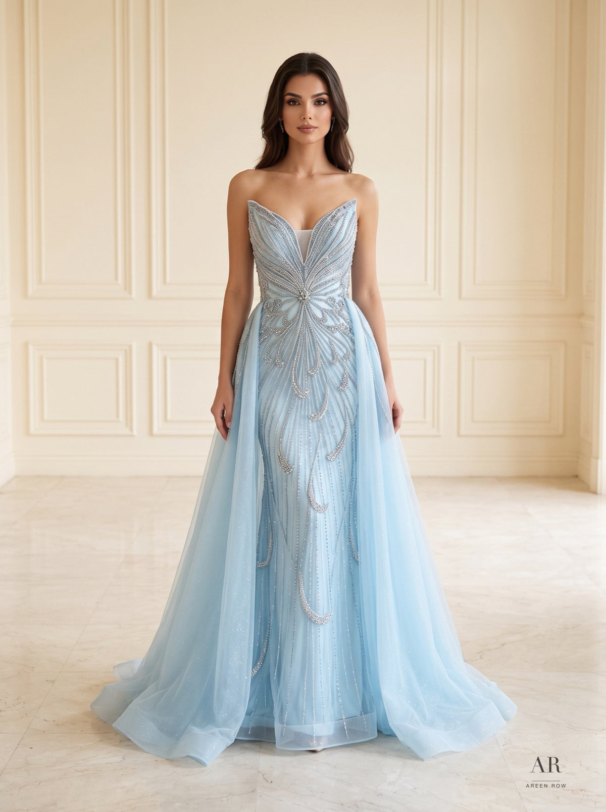Freya beaded sweetheart sheath evening gown by Areen Row, front view