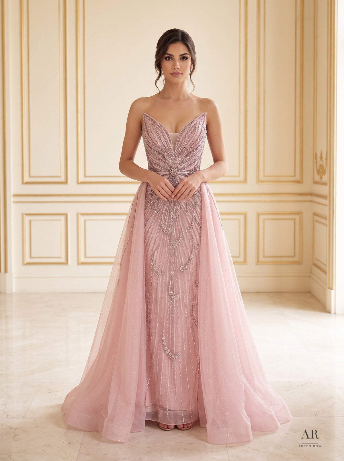 Freya beaded sweetheart sheath evening gown by Areen Row, detail view