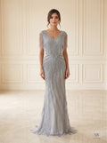 Gaia fringed beaded cap-sleeve evening gown by Areen Row, front view