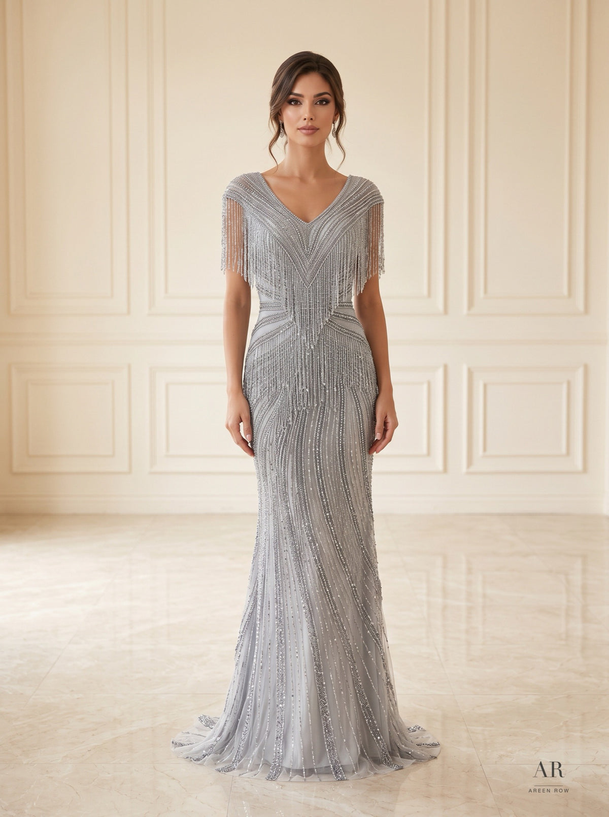 Gaia fringed beaded cap-sleeve evening gown by Areen Row, front view