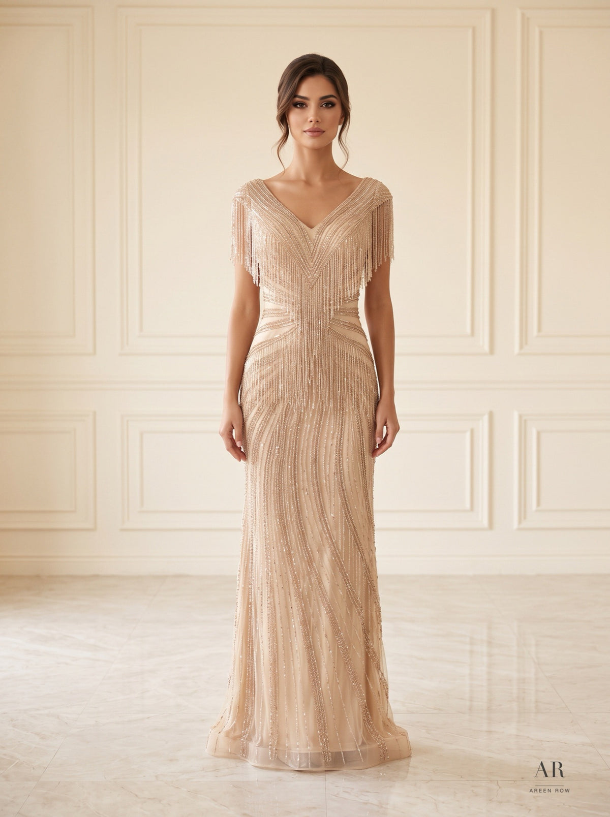 Gaia fringed beaded cap-sleeve evening gown by Areen Row, detail view