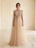 Galatea beaded illusion a-line cape evening gown by Areen Row, front view