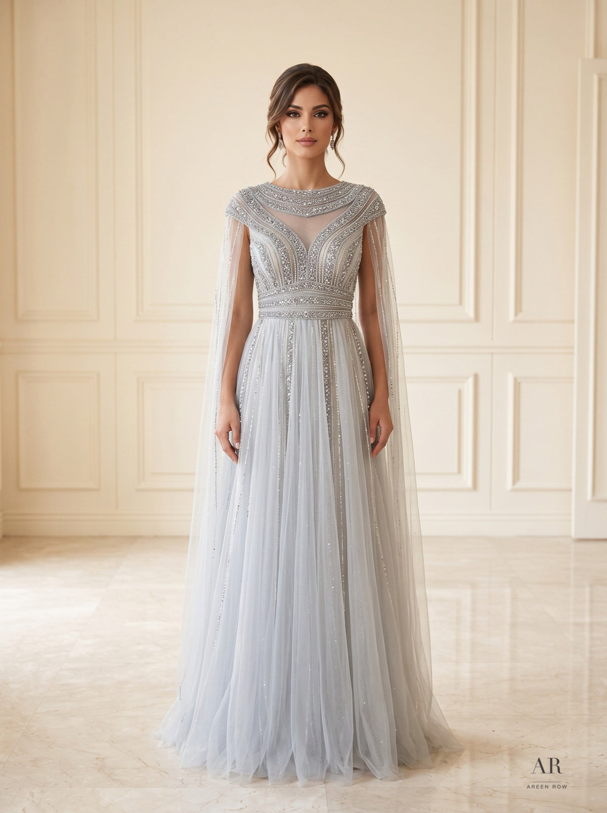 Galatea beaded illusion a-line cape evening gown by Areen Row, detail view