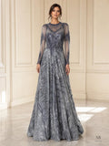 Gemma smoke blue smoke blue beaded illusion long-sleeve a-line evening gown by Areen Row