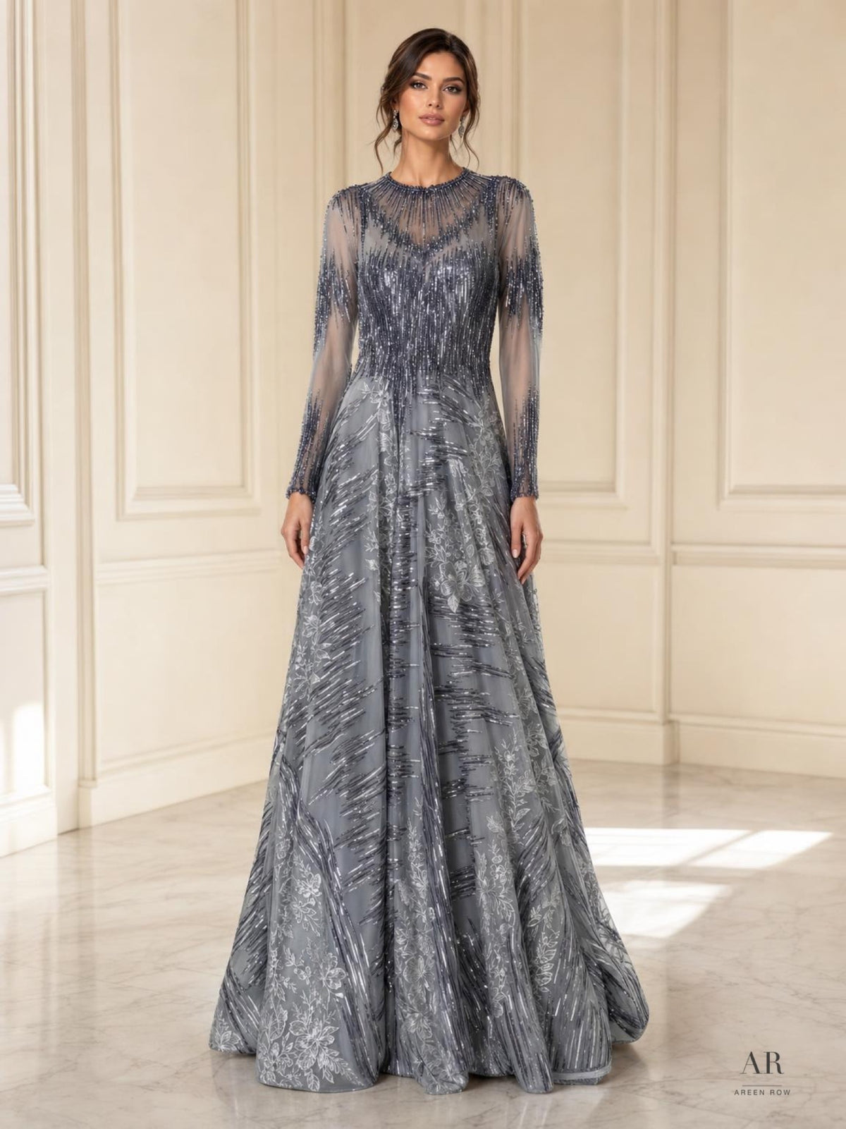 Gemma smoke blue smoke blue beaded illusion long-sleeve a-line evening gown by Areen Row