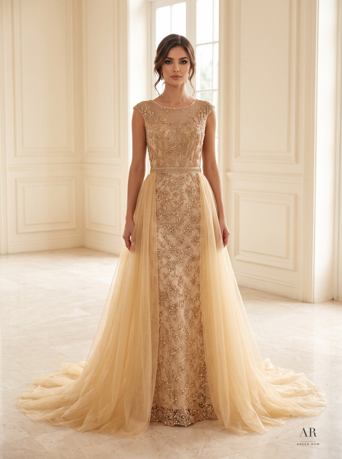 Genevieve beaded column with tulle overskirt evening gown by Areen Row, front view