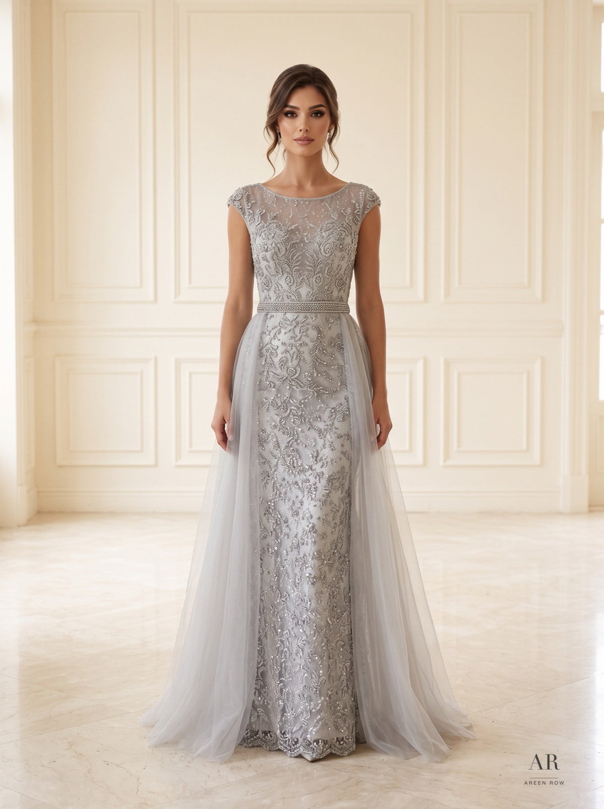 Genevieve beaded column with tulle overskirt evening gown by Areen Row, detail view