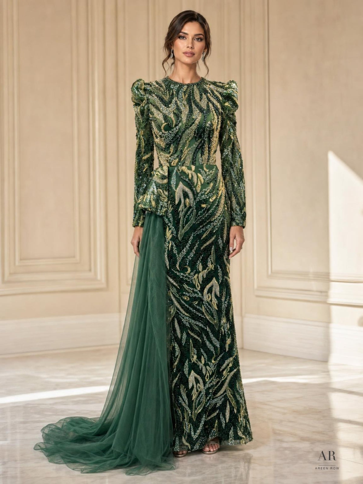 Ginevra forest green forest green beaded illusion statement overlay evening gown by Areen Row