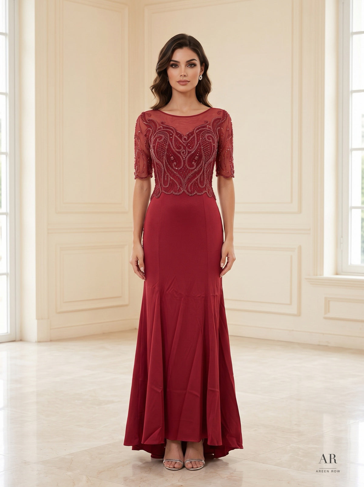 Giselle embroidered illusion trumpet evening gown by Areen Row, front view
