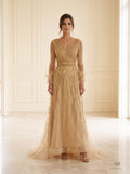 Halima feather-cuff beaded a-line evening gown by Areen Row, front view