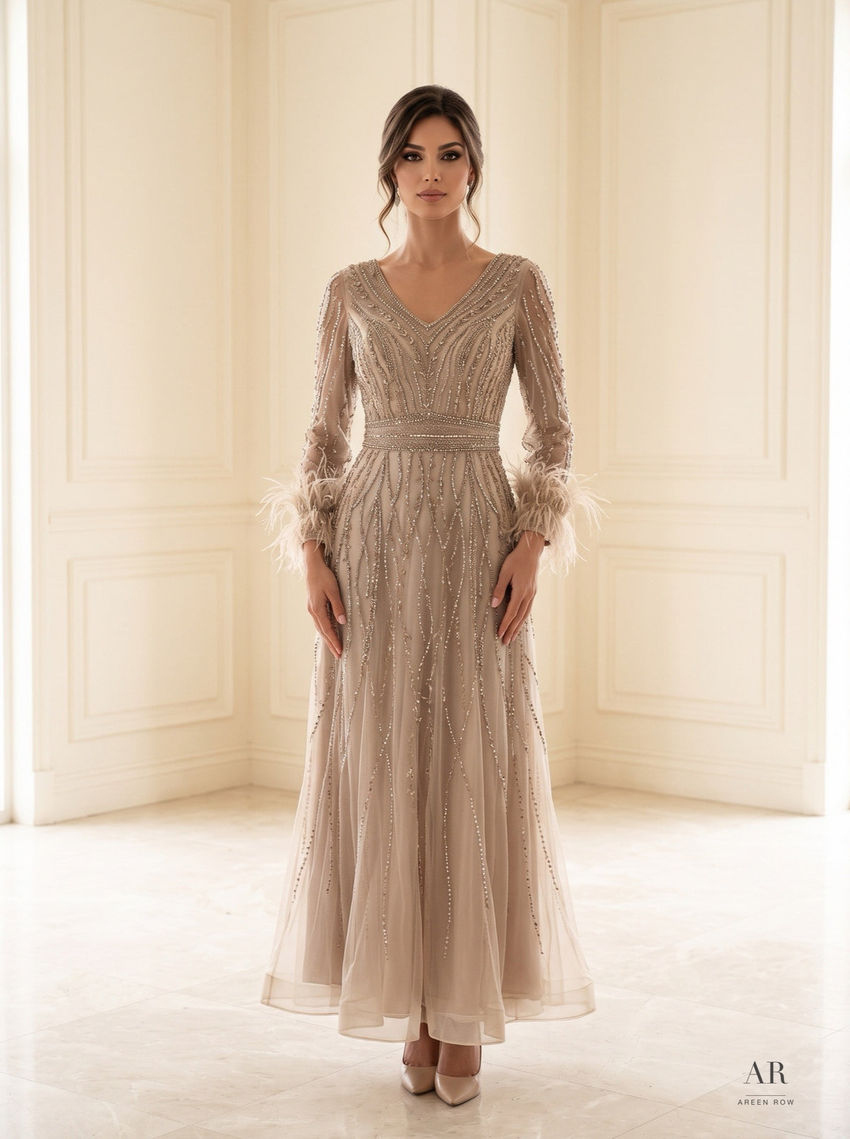 Halima feather-cuff beaded a-line evening gown by Areen Row, detail view