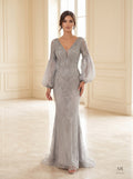 Helene beaded puff-sleeve trumpet evening gown by Areen Row, front view