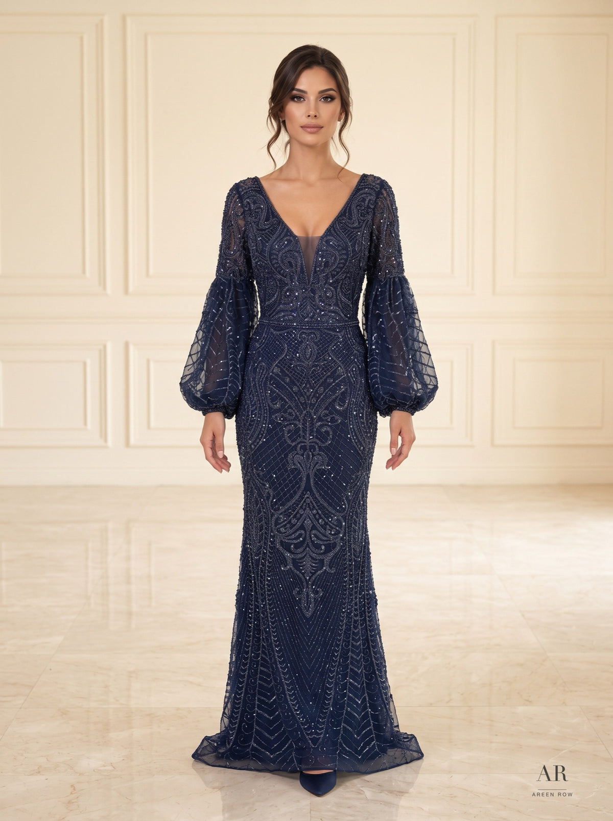 Helene beaded puff-sleeve trumpet evening gown by Areen Row, detail view