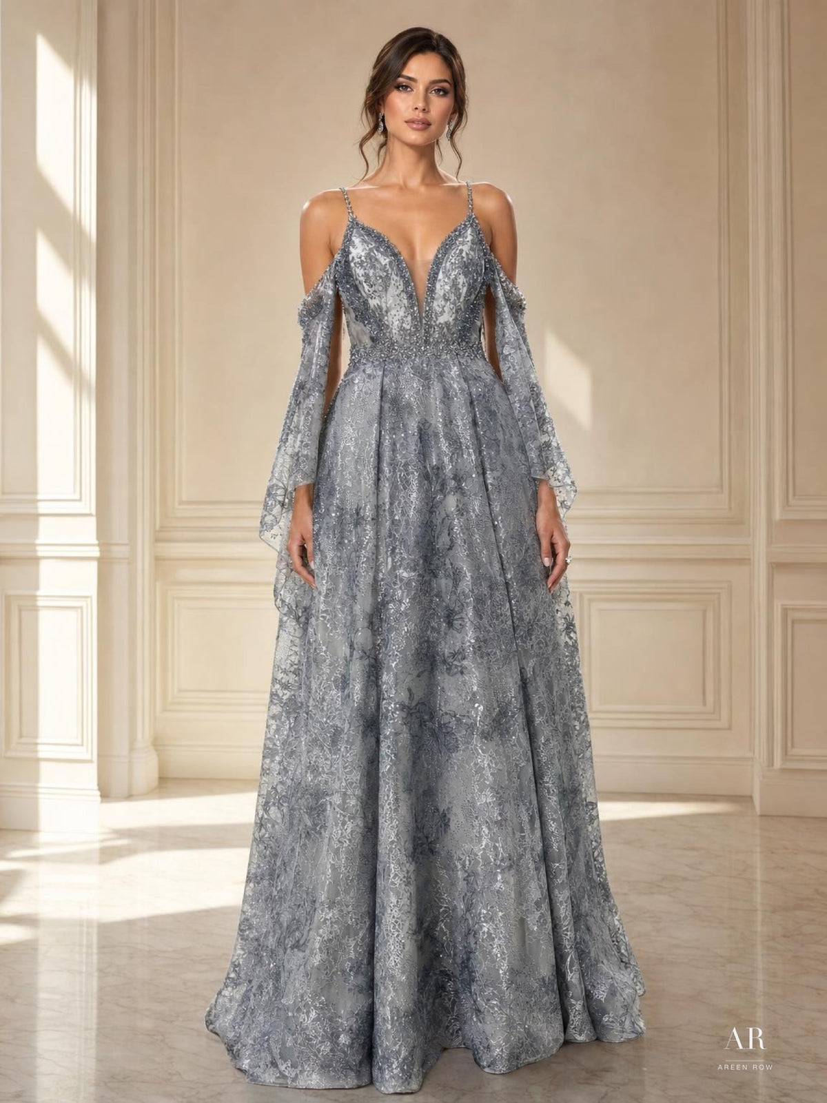 Henrietta steel blue steel blue sparkling cold-shoulder illusion a-line evening gown by Areen Row
