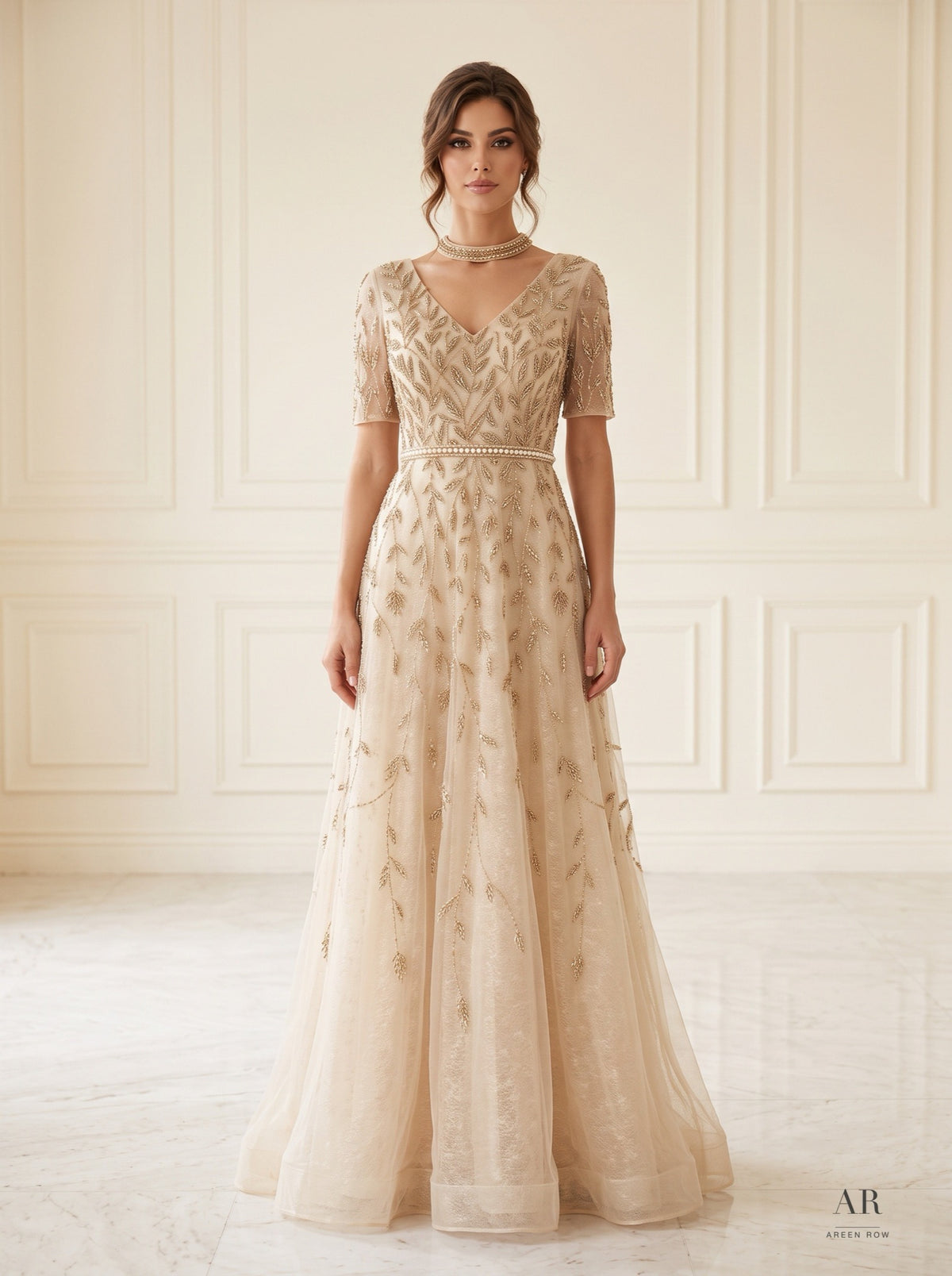 Honora Dress champagne beaded leaf pearl-belt a-line evening gown by Areen Row