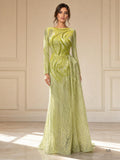 Hortense lime green lime green beaded illusion statement column evening gown by Areen Row
