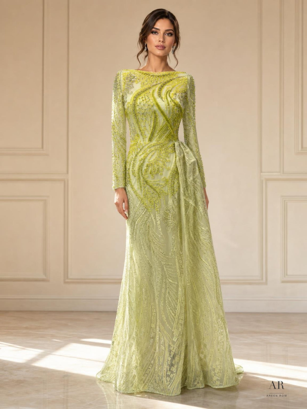 Hortense lime green lime green beaded illusion statement column evening gown by Areen Row