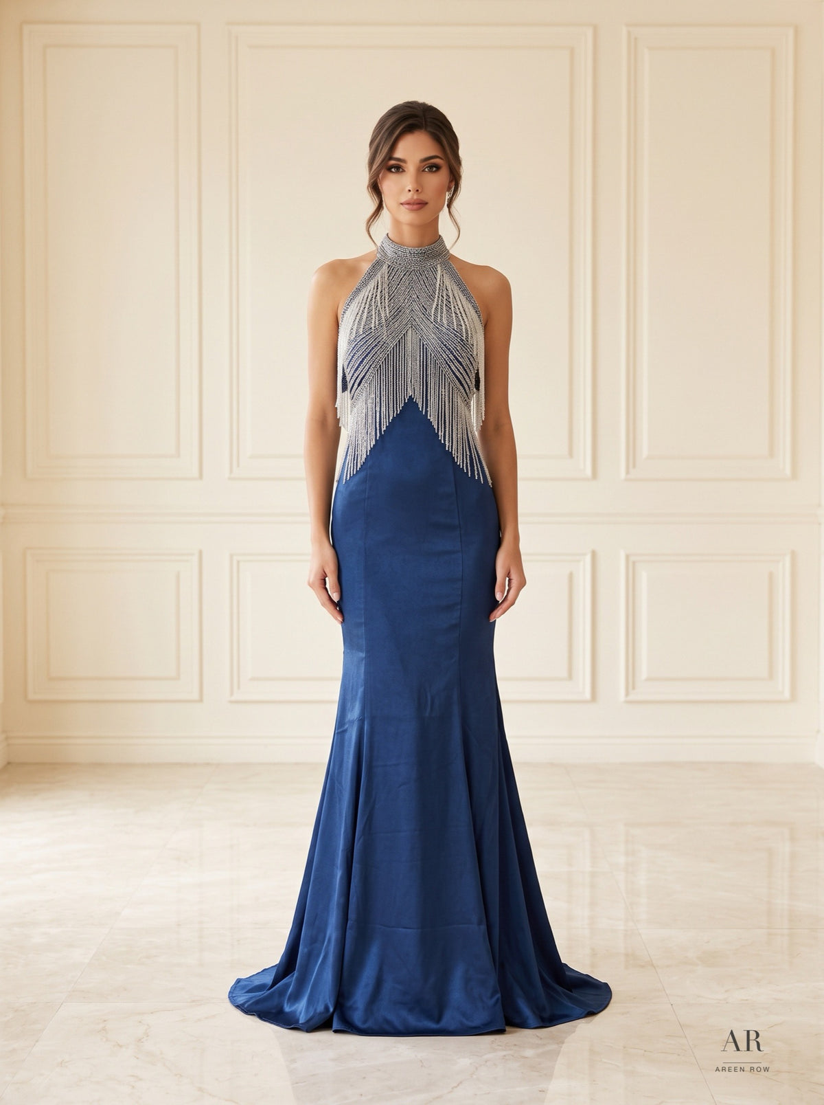 Iliana fringed halter high-low sheath evening gown by Areen Row, detail view