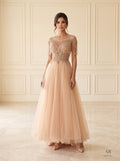 Ilse Dress peach beaded fringe a-line evening gown by Areen Row