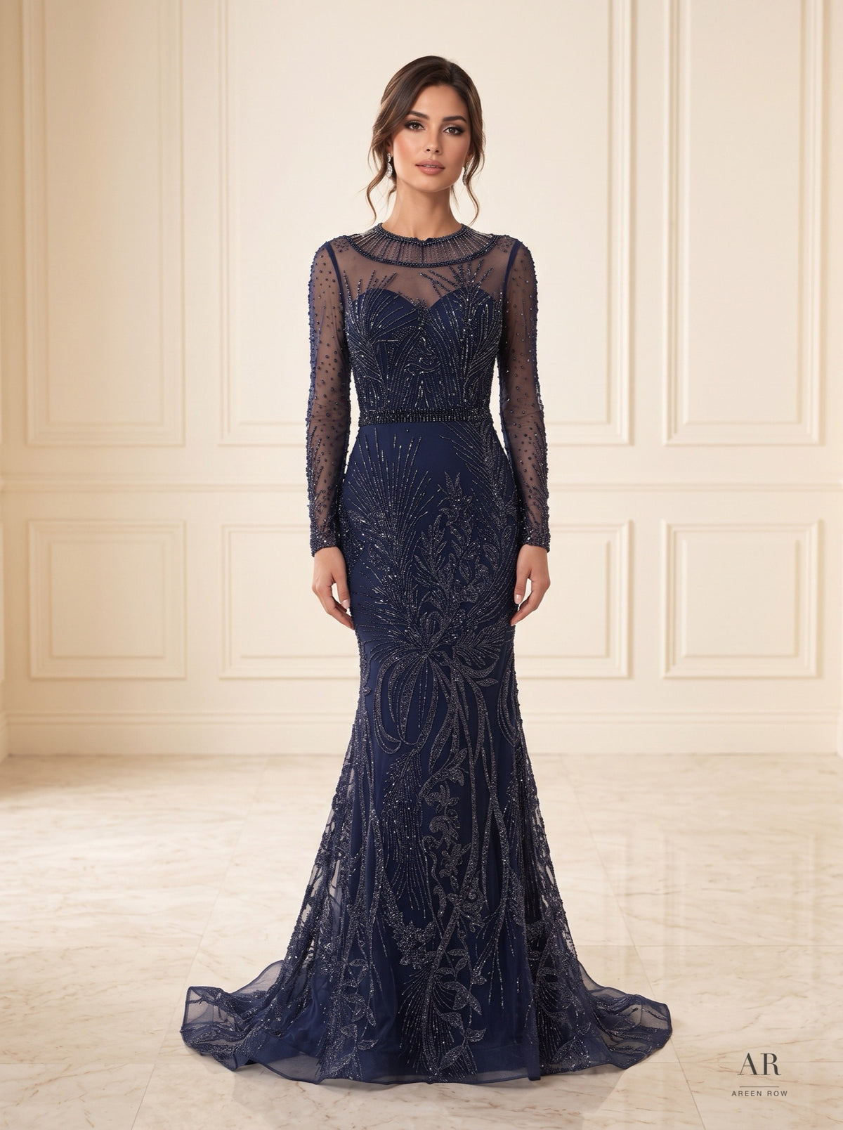 Imane ornate beaded illusion trumpet evening gown by Areen Row, front view