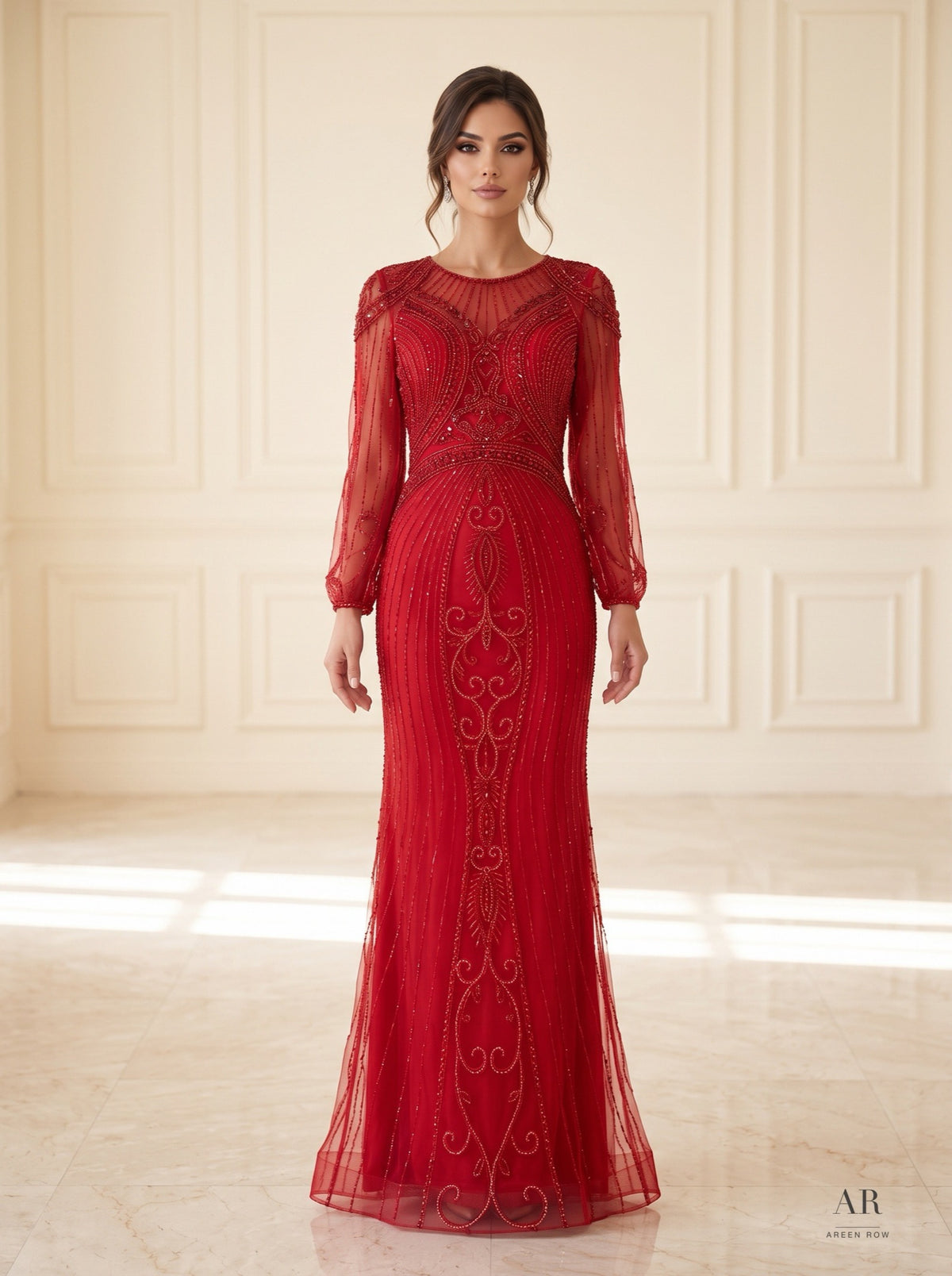 Imane ornate beaded illusion trumpet evening gown by Areen Row, detail view