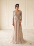Inara beaded v-neck a-line evening gown by Areen Row, front view
