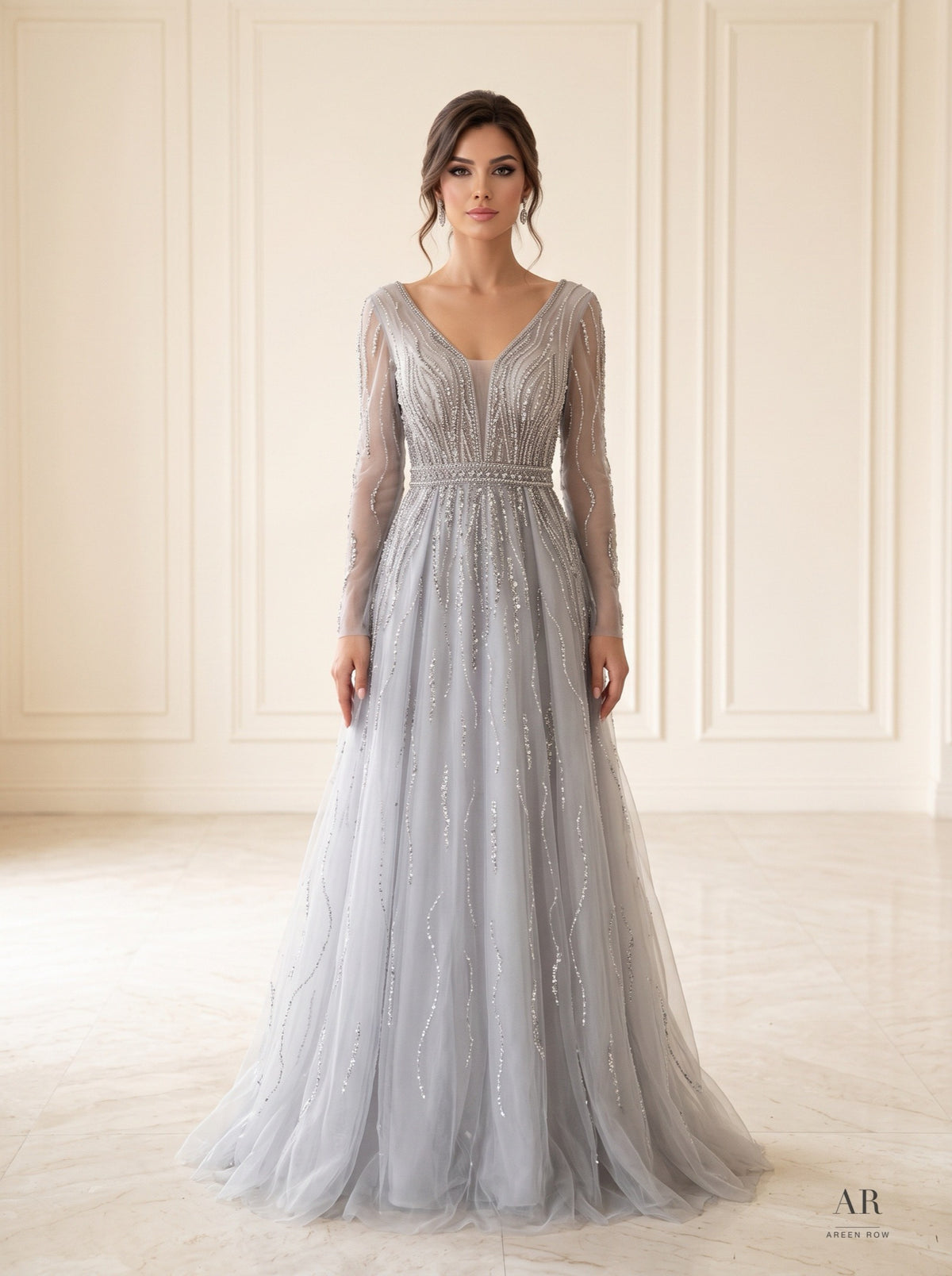 Inara beaded v-neck a-line evening gown by Areen Row, detail view