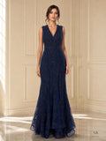 Ines navy blue beaded illusion sleeveless mermaid evening gown by Areen Row