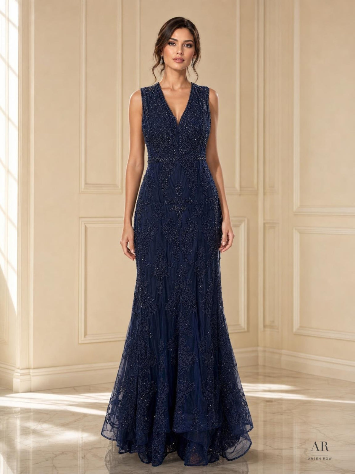 Ines navy blue beaded illusion sleeveless mermaid evening gown by Areen Row