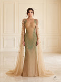 Iolanthe gold beaded floral cape trumpet evening gown by Areen Row, front view