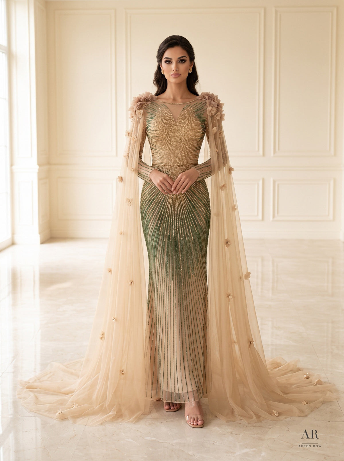 Iolanthe gold beaded floral cape trumpet evening gown by Areen Row, detail view