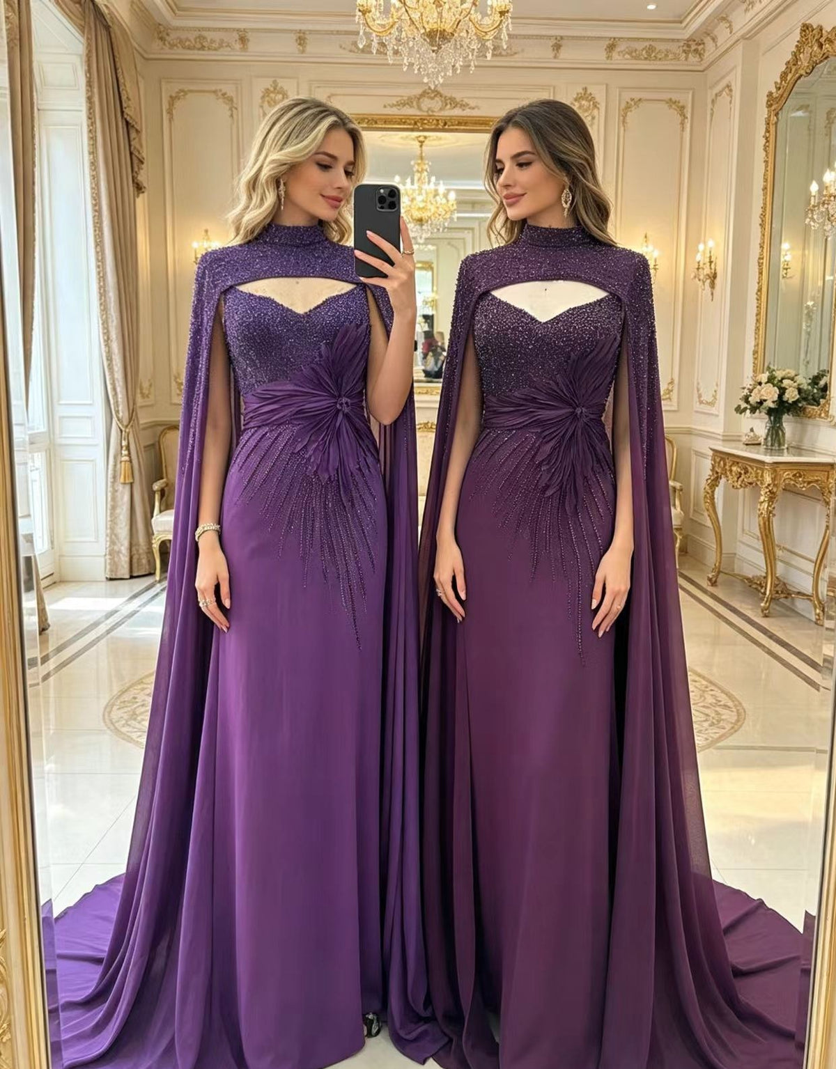 Isadora purple cape chiffon mother of the bride gown by Areen Row, detail view