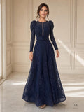 Isaura navy blue beaded illusion puffed sleeve evening gown by Areen Row