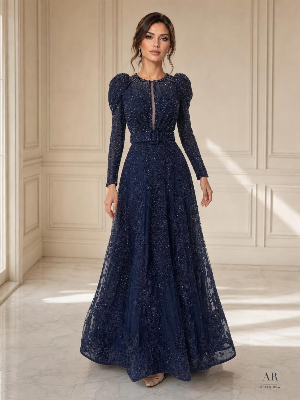 Isaura navy blue beaded illusion puffed sleeve evening gown by Areen Row