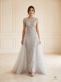 Isla beaded bateau sheath detachable train evening gown by Areen Row, front view