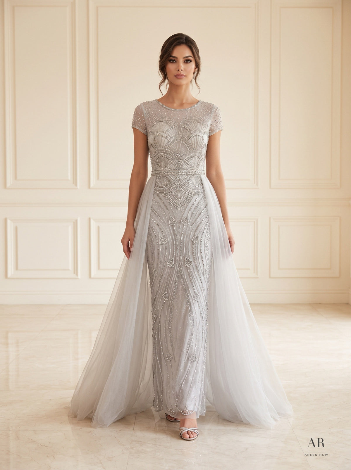 Isla beaded bateau sheath detachable train evening gown by Areen Row, front view