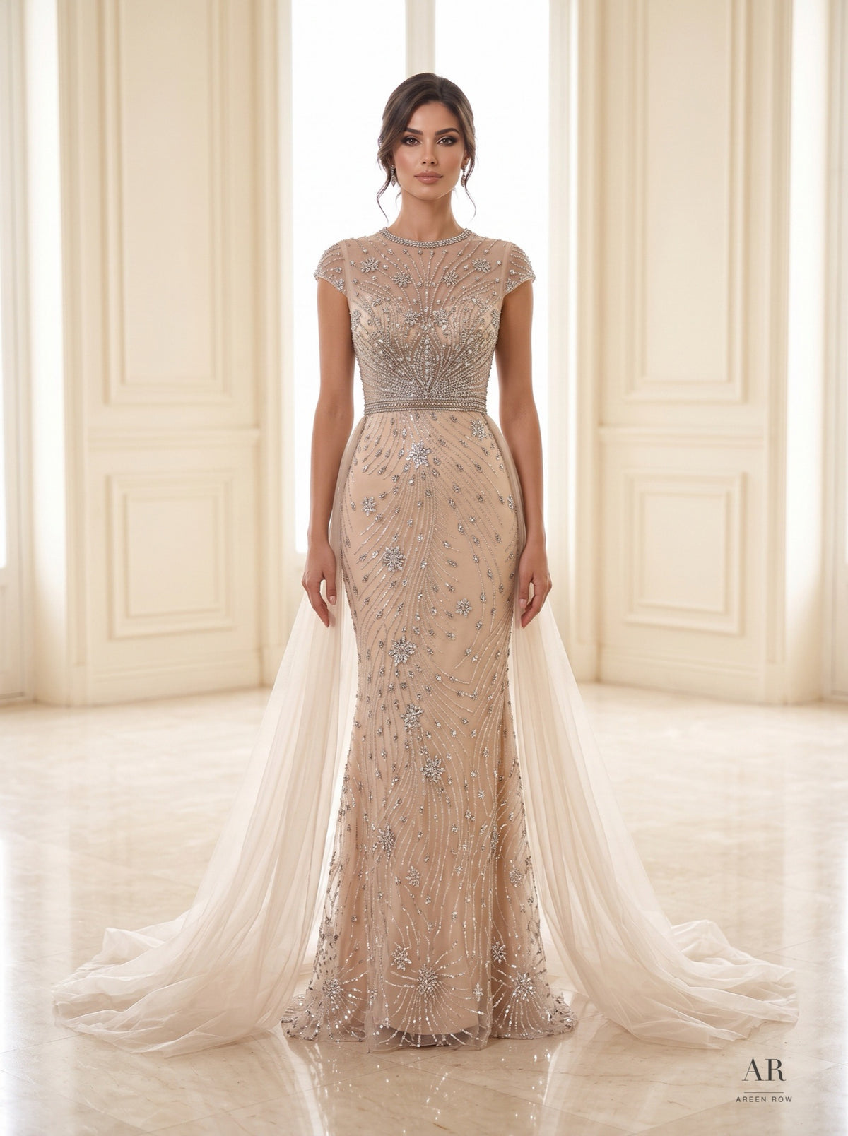 Isla beaded bateau sheath detachable train evening gown by Areen Row, detail view