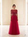 Ivana red beaded illusion a-line tulle evening gown by Areen Row