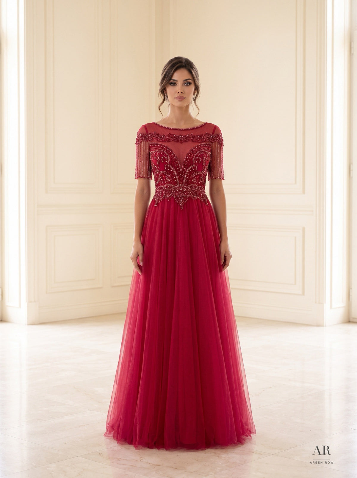 Ivana red beaded illusion a-line tulle evening gown by Areen Row
