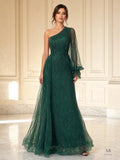 Jacinta emerald one-shoulder beaded a-line evening gown by Areen Row
