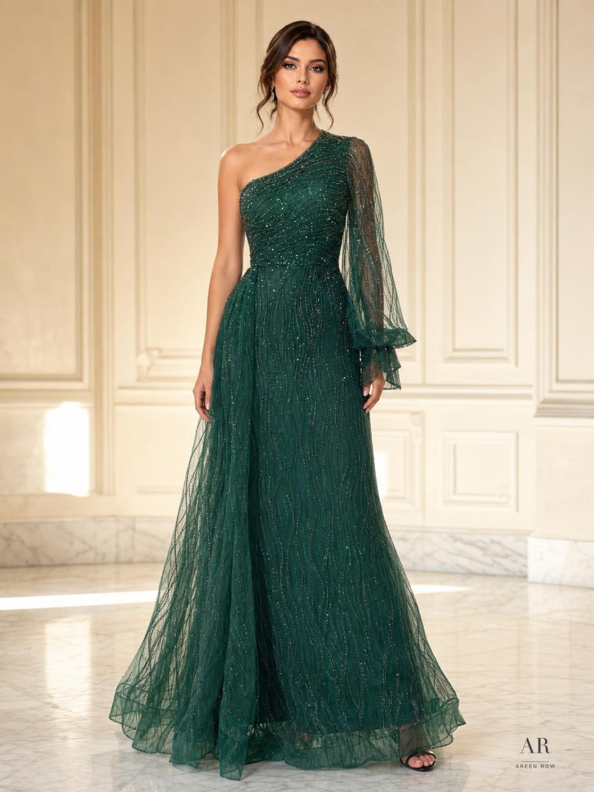 Jacinta emerald one-shoulder beaded a-line evening gown by Areen Row