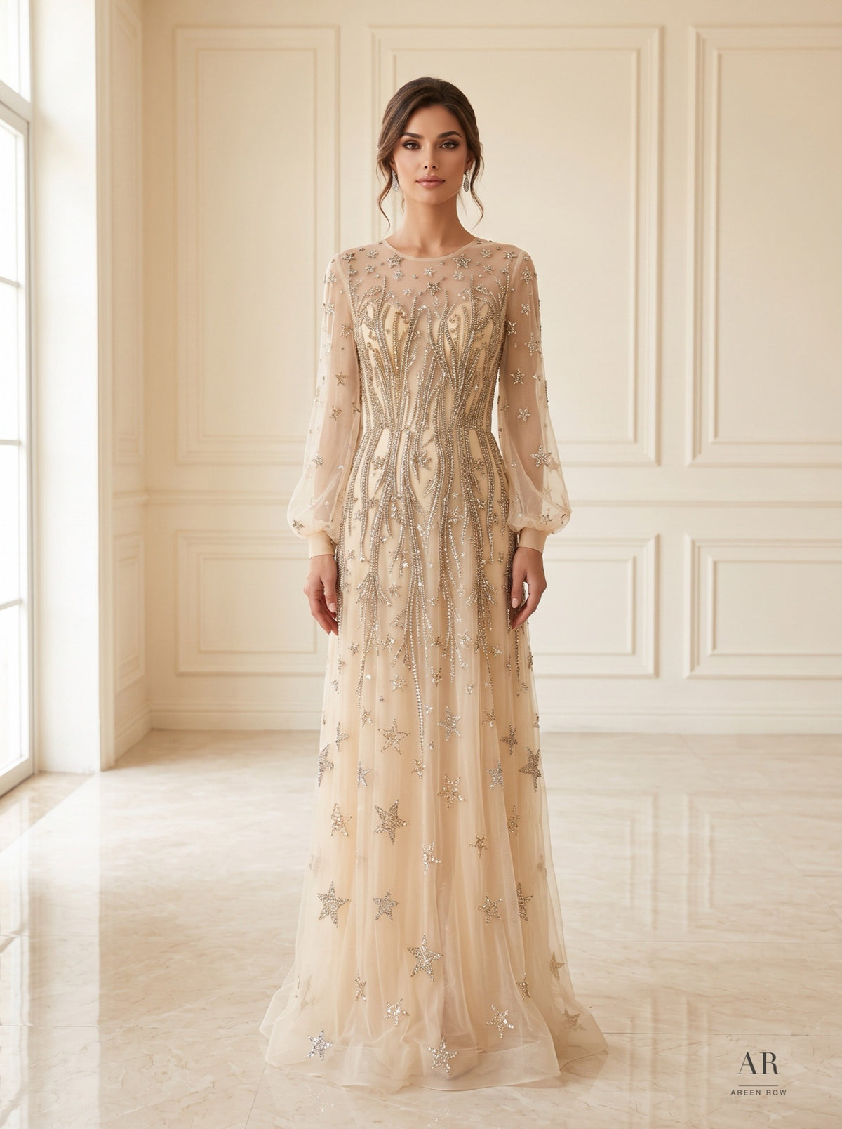Jahan celestial beaded puff-sleeve a-line evening gown by Areen Row, front view