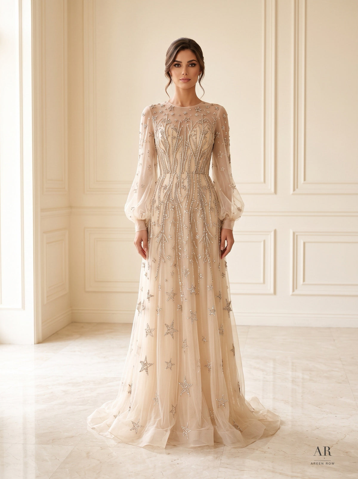 Jahan celestial beaded puff-sleeve a-line evening gown by Areen Row, detail view